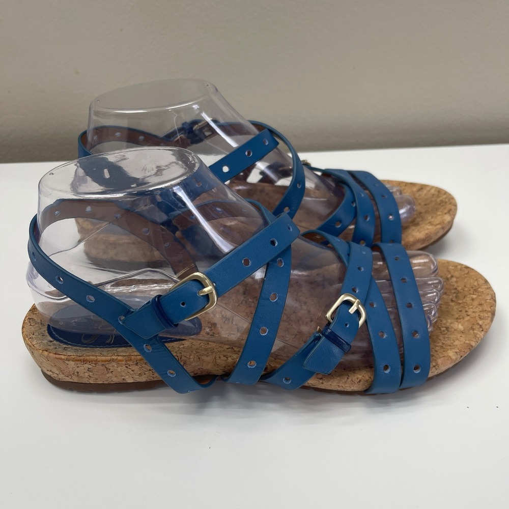 Sofft Blue Leather Strappy Cork Sandals Size 8.5 Gladiator Buckle Flat Low Wedge